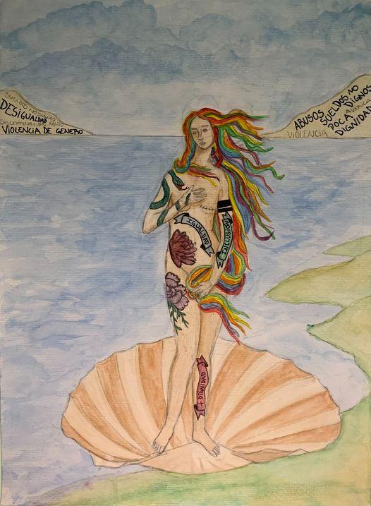 Intervención al cuadro: "El Nacimiento de Venus," realizado por Magdalena Benoit del colegio Almenar de Pirque. 